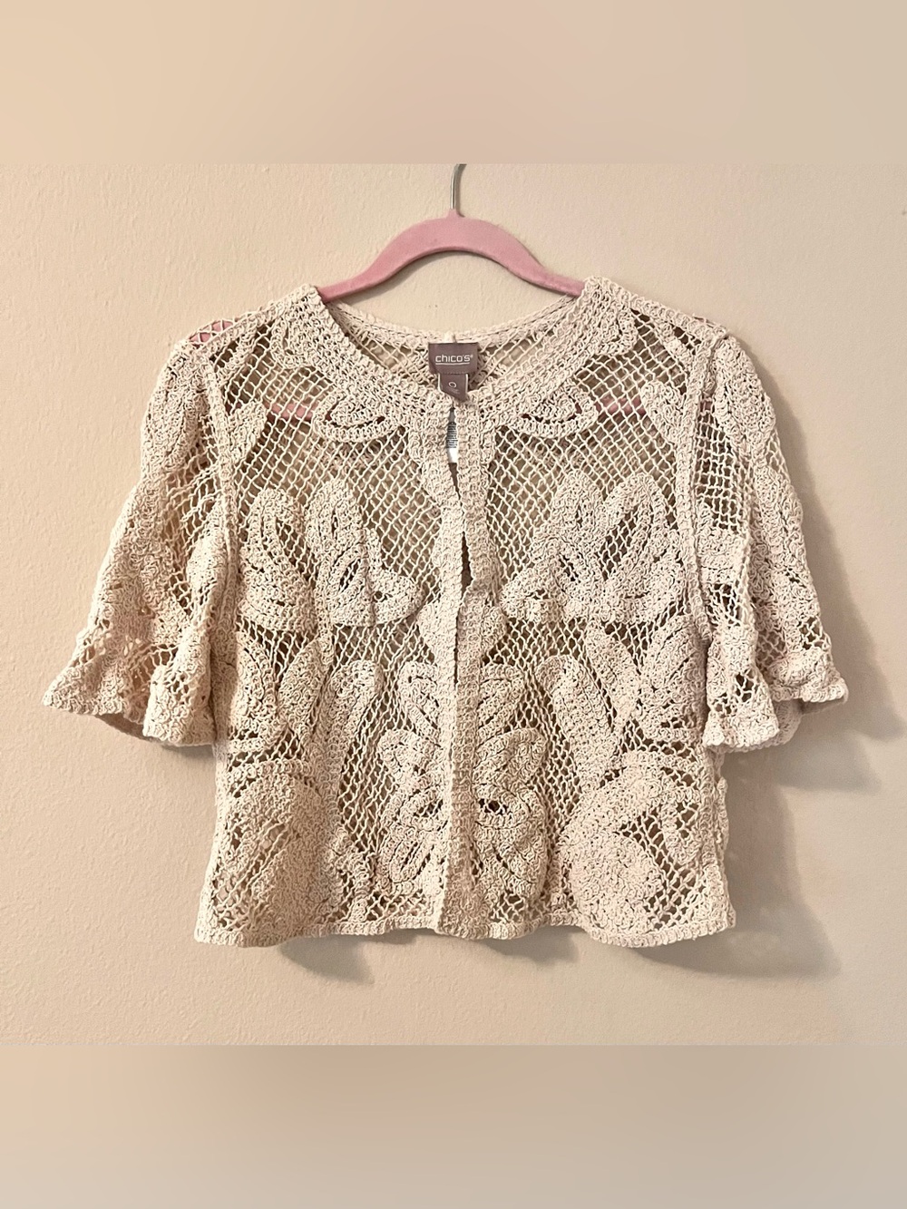 Chico's Cream Crochet Short Sleeve Open Crop Cardigan size 0